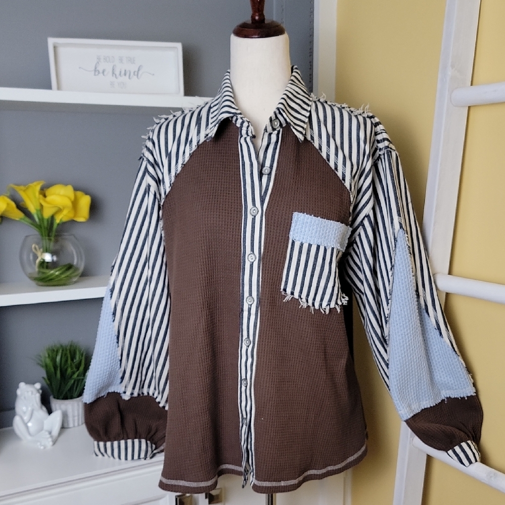POL Stylish Brown and Blue Striped Shacket Anchor Design